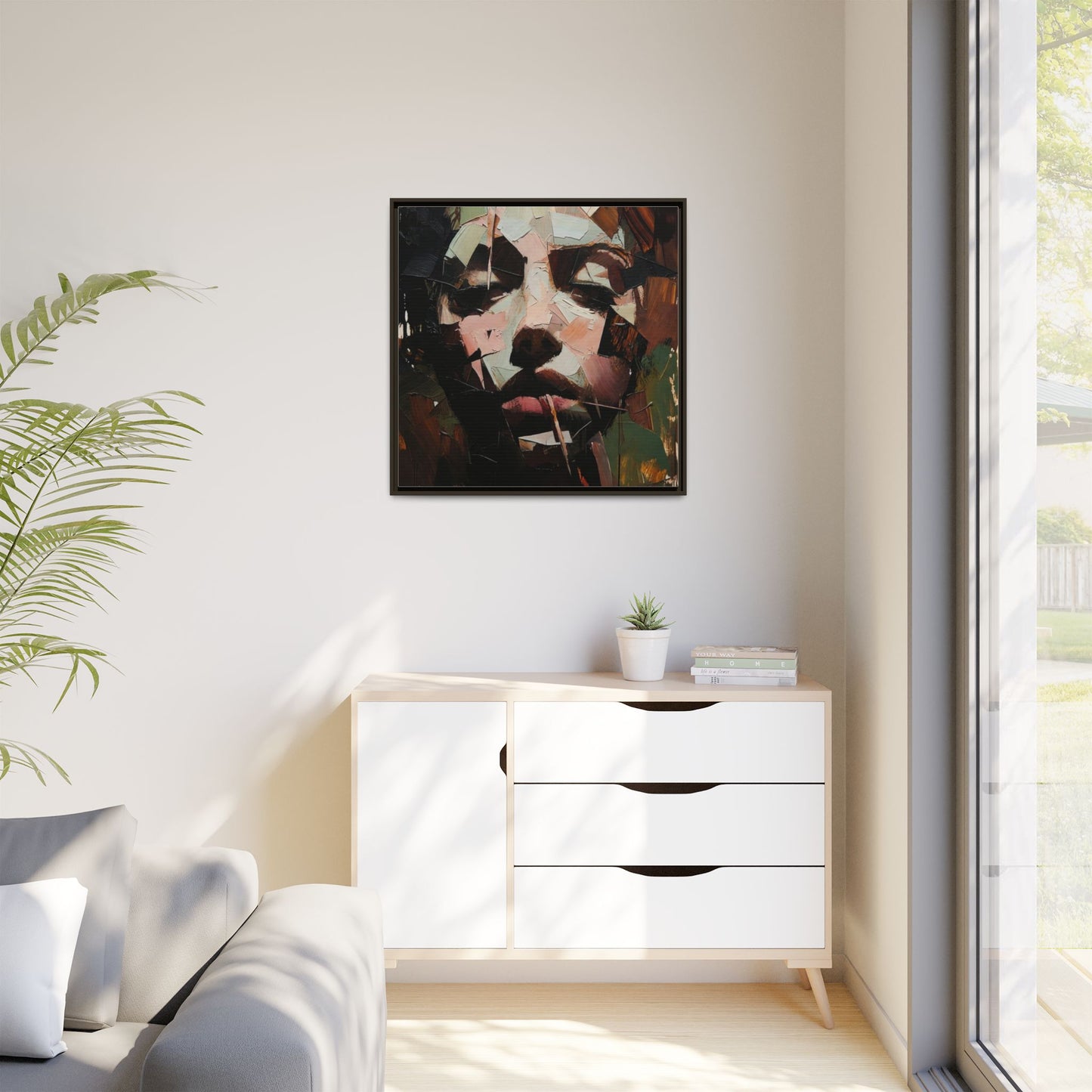 Matte Framed Canvas Art — Abstract Female Portrait, Moody Multicolor