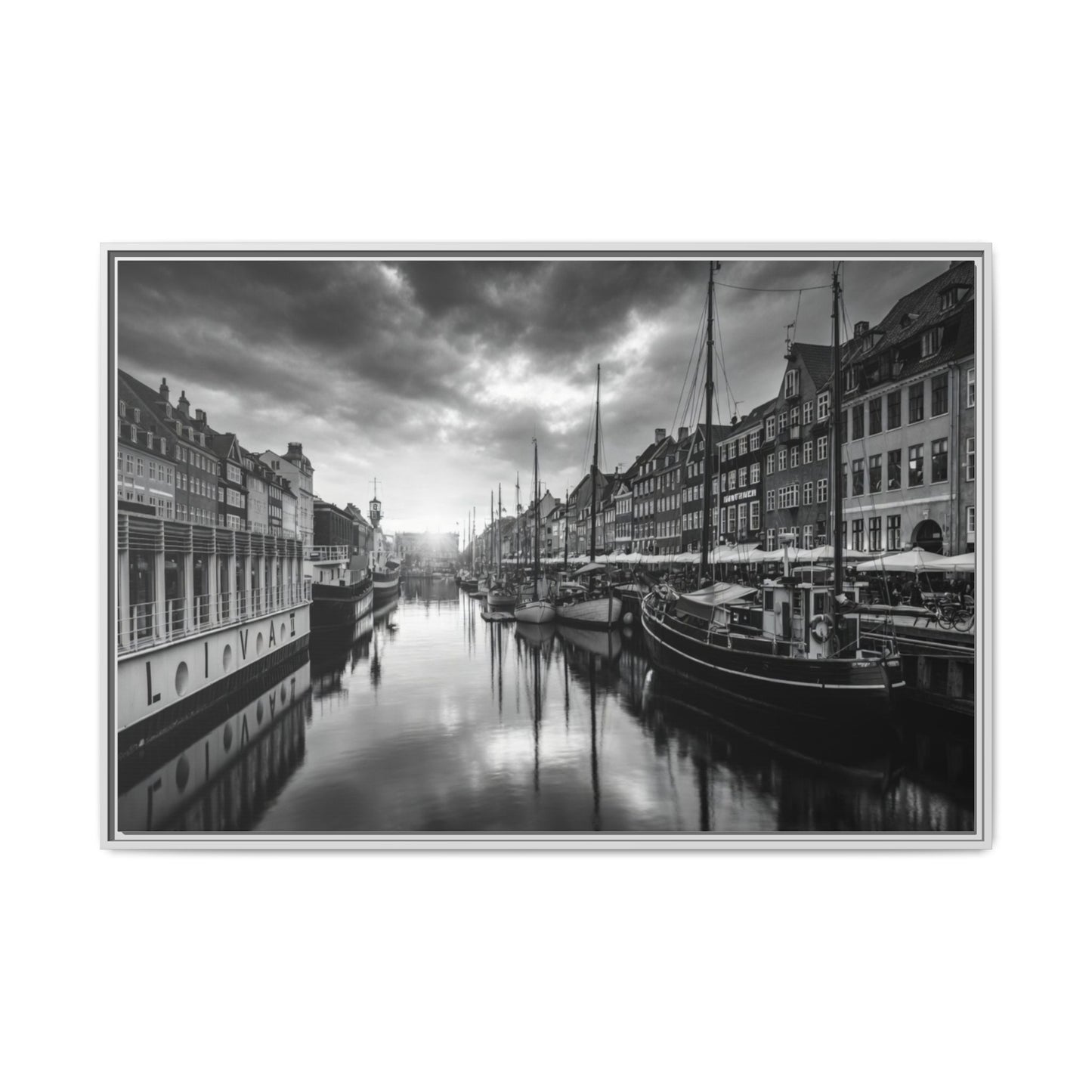 Framed Matte Canvas: Black & White Dutch Canal Photography Wall Art