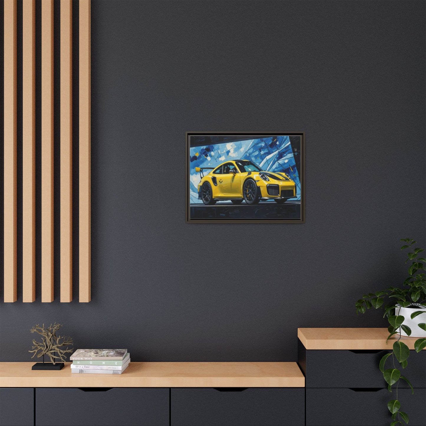 Yellow Porsche Sports Car Matte Framed Canvas – Modern Automotive Wall Art