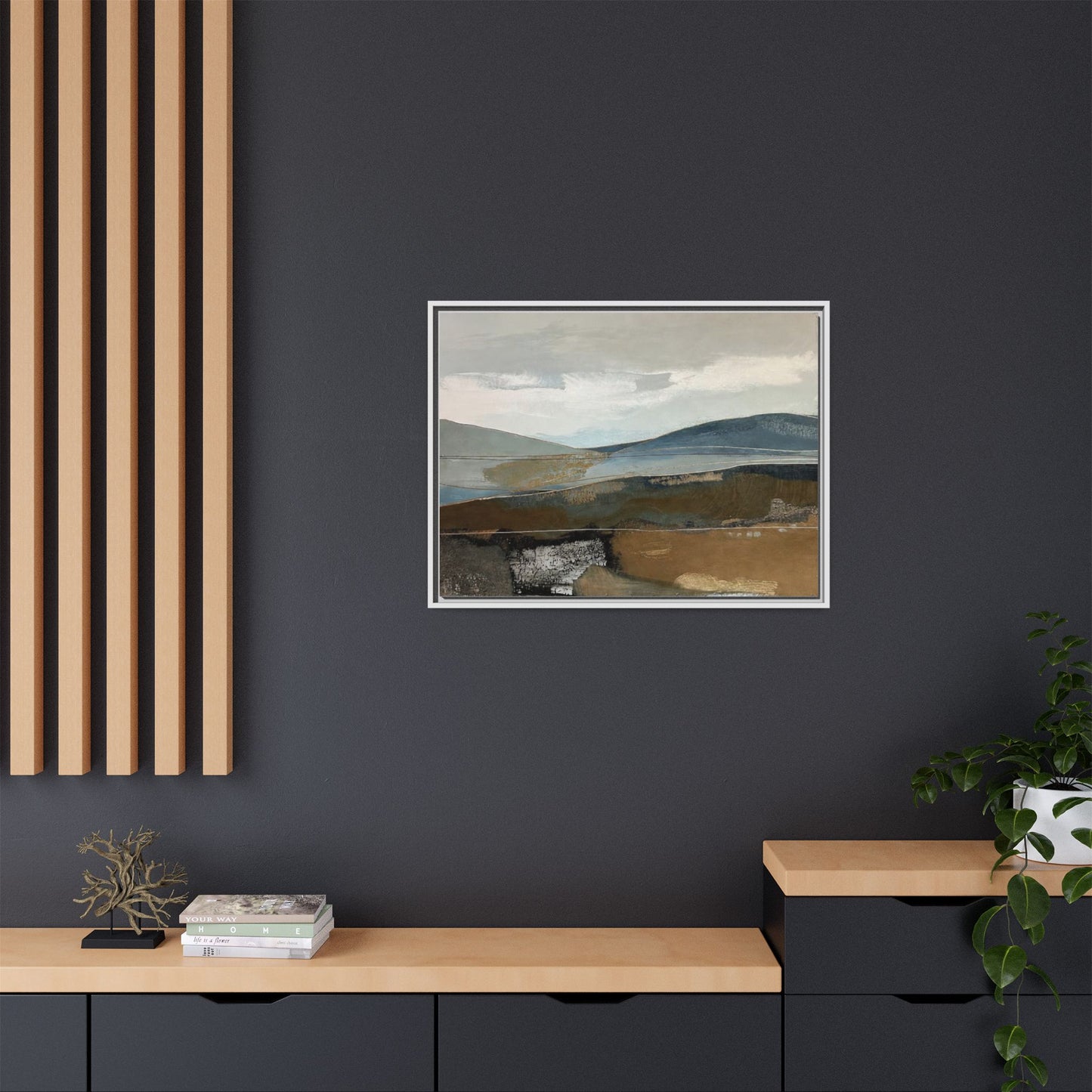Framed Matte Canvas Landscape Art - Serene Abstract Hills in Blue & Earth Tones