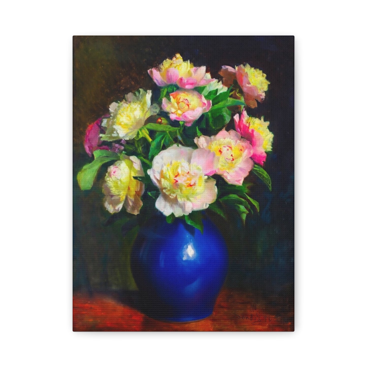 Peony Bouquet Canvas Print — Pink Peonies in Blue Vase, Stretched Matte Wall Art