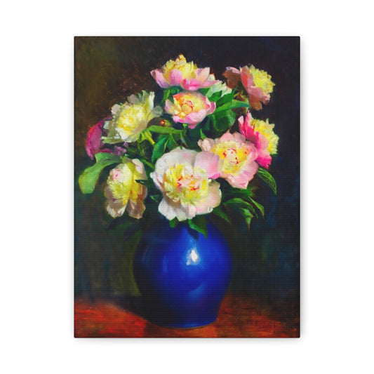 Peony Bouquet Canvas Print — Pink Peonies in Blue Vase, Stretched Matte Wall Art