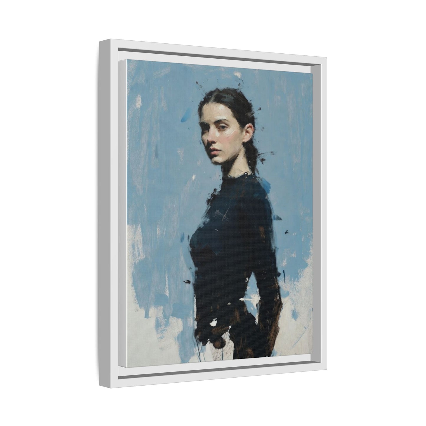 Framed Matte Canvas Portrait Print — Elegant Blue Woman Art