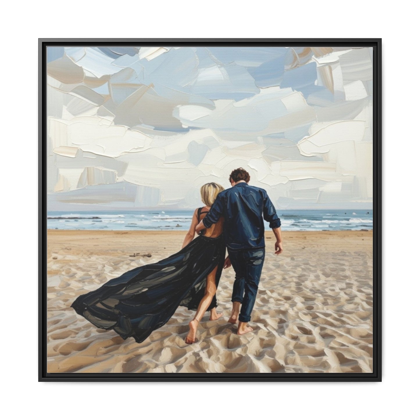 Framed Canvas Wall Art — Romantic Couple Walking on Beach Print
