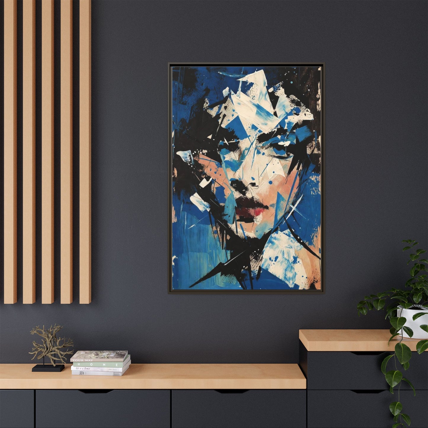 Abstract Portrait Matte Canvas Framed Wall Art — Blue Mixed-Media Face Print