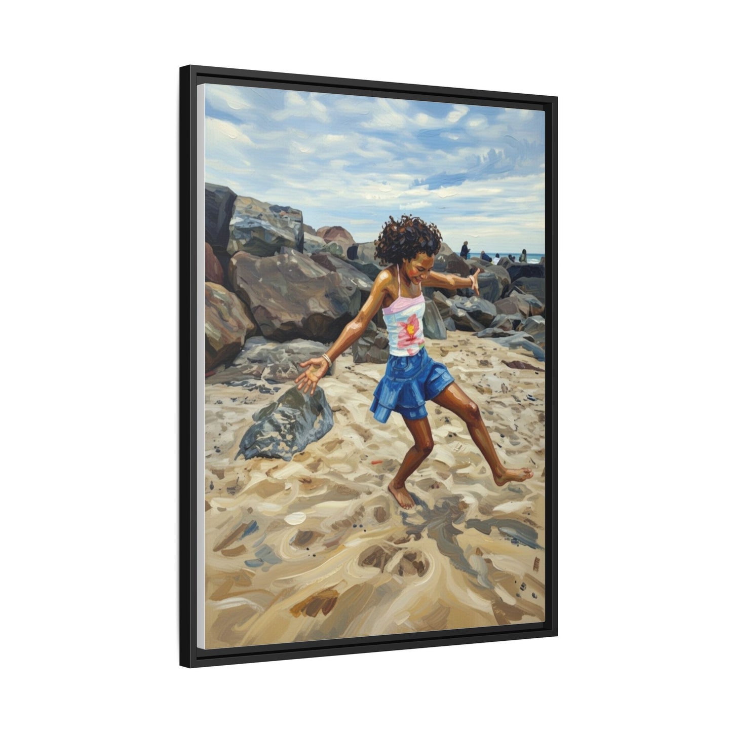 Framed Canvas Art - Girl Dancing on the Beach (Matte Multi-Color)