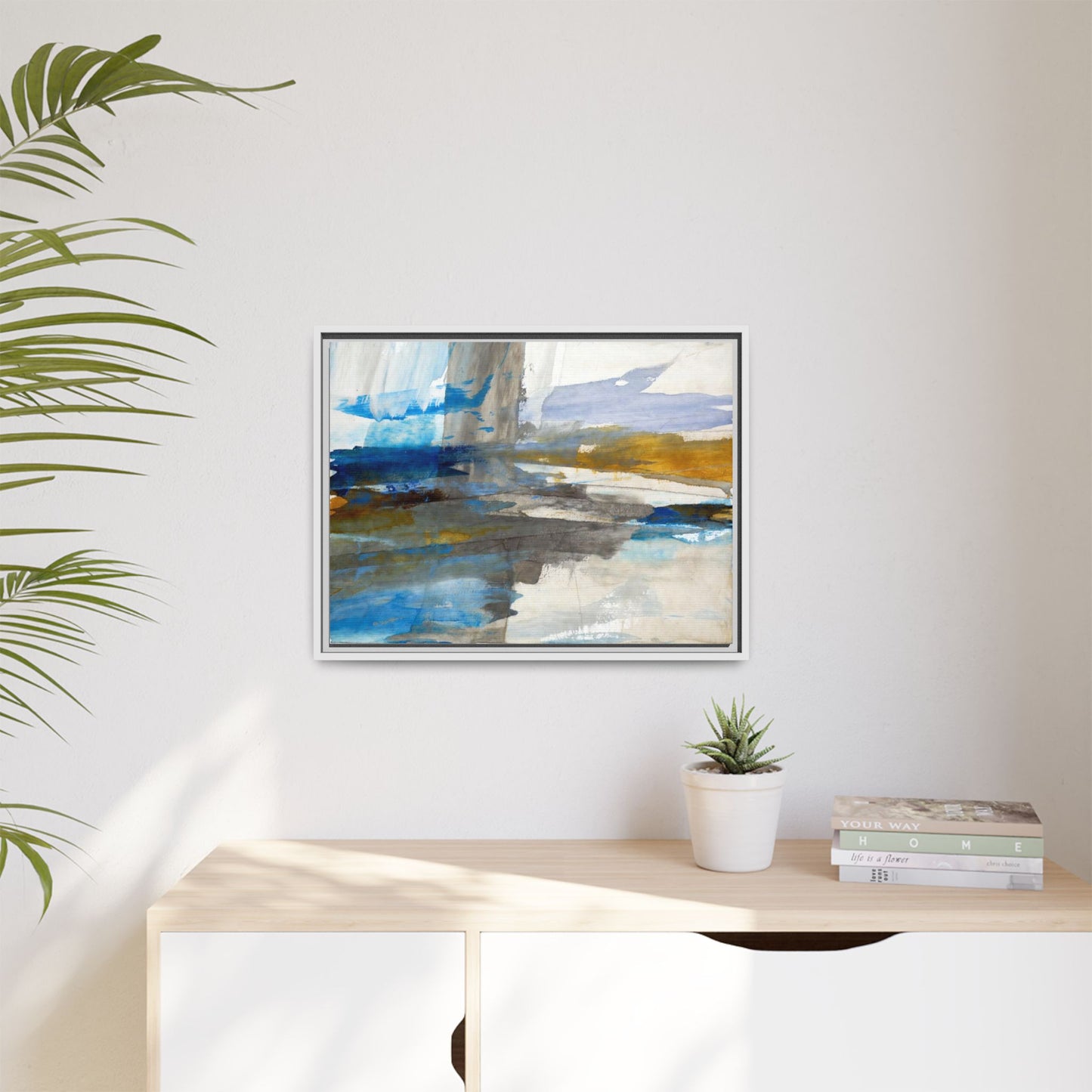 Abstract Blue & Gold Framed Canvas Art — Matte Multi-Color Wall Print