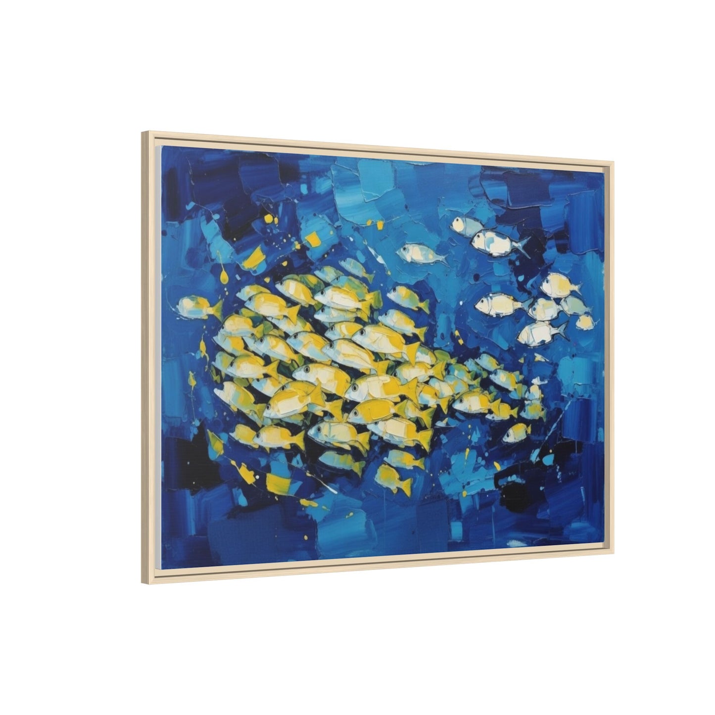 Framed Matte Canvas: Blue School of Fish Wall Art