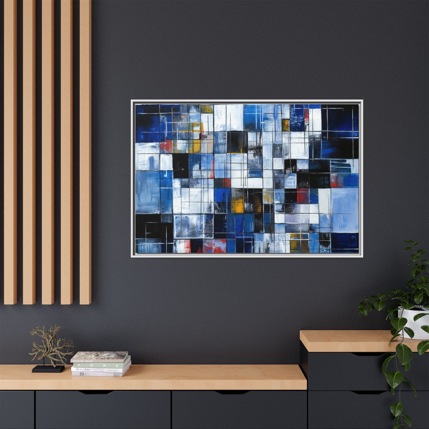 Abstract Blue Grid Matte Canvas Framed Art Print