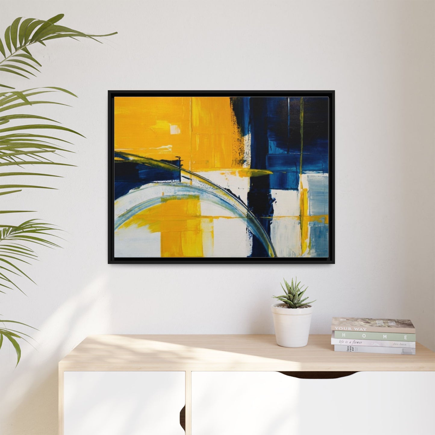 Abstract Yellow & Blue Framed Canvas Wall Art — Modern Matte Canvas Print