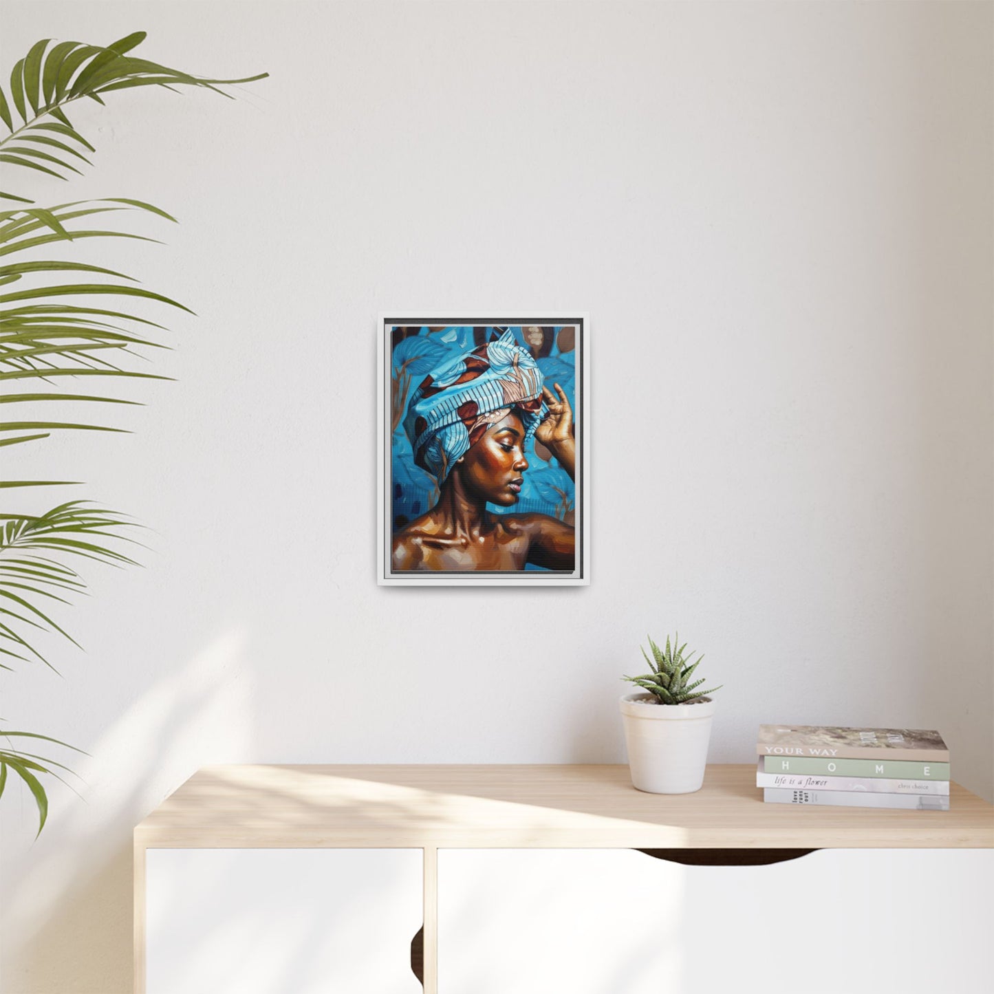 Framed Canvas Art — Portrait of Woman in Blue Headwrap