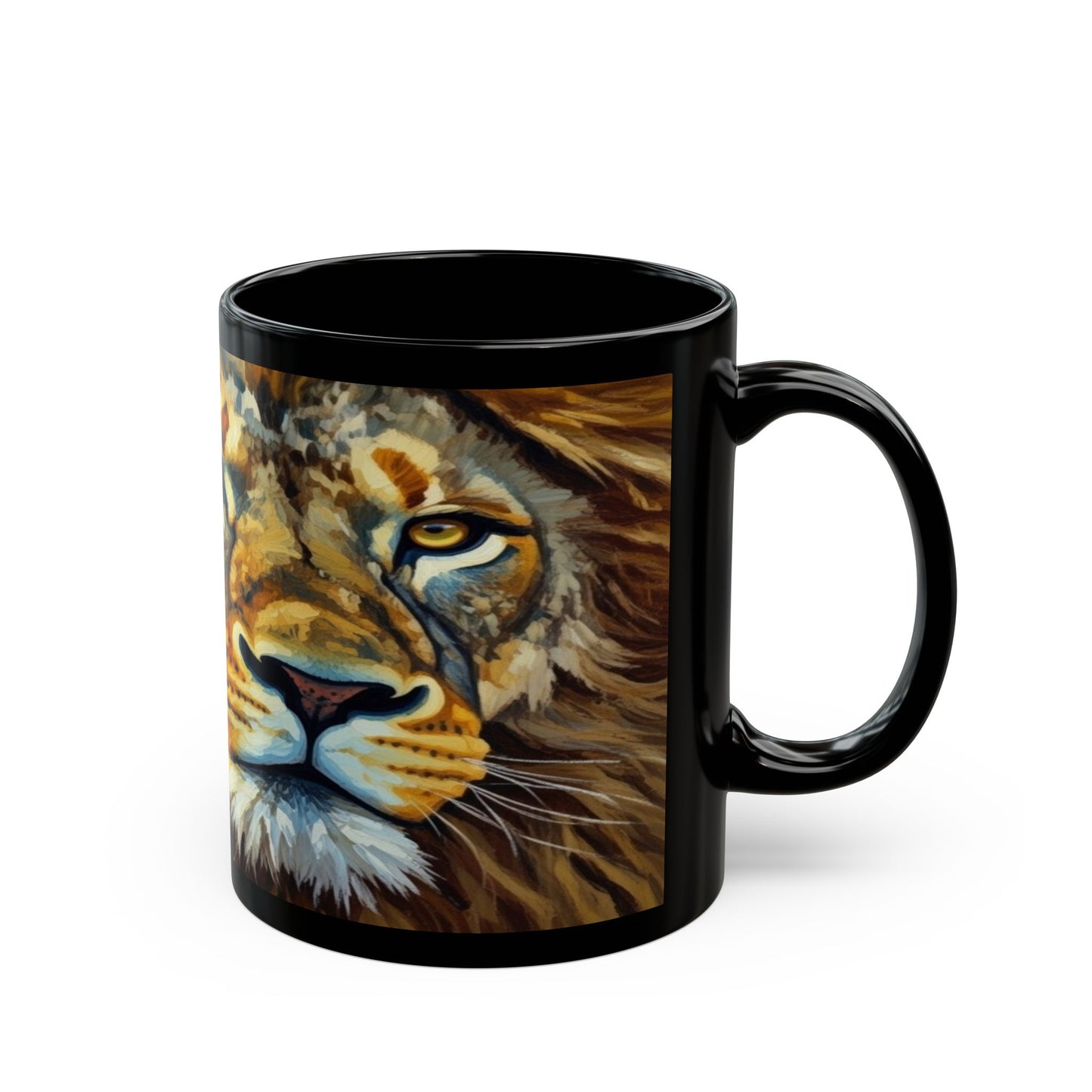 Lion Portrait Black Ceramic Mug — Majestic Wildlife Coffee Cup (11oz, 15oz)