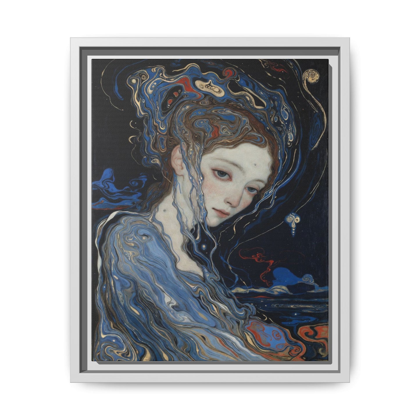 Framed Matte Canvas Art Print — Surreal Blue Maiden Portrait