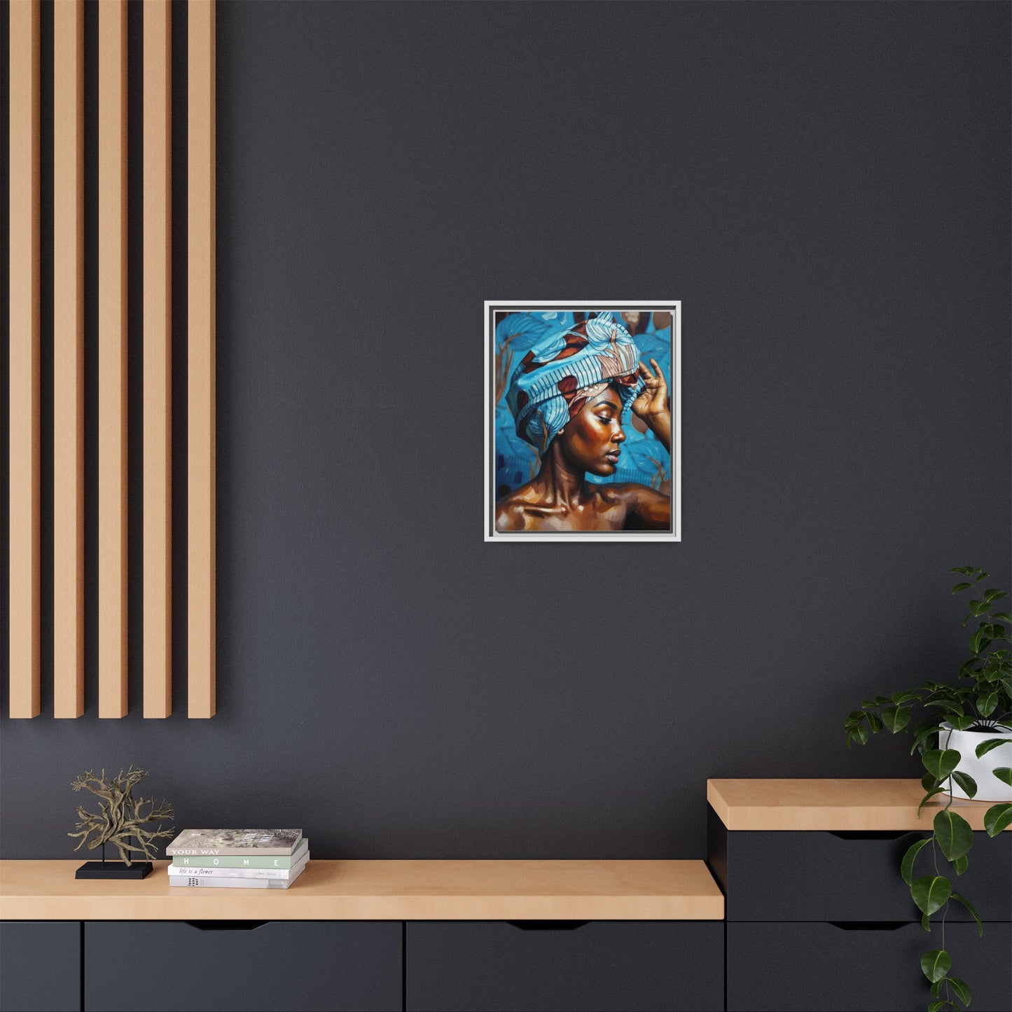 Framed Canvas Art — Portrait of Woman in Blue Headwrap