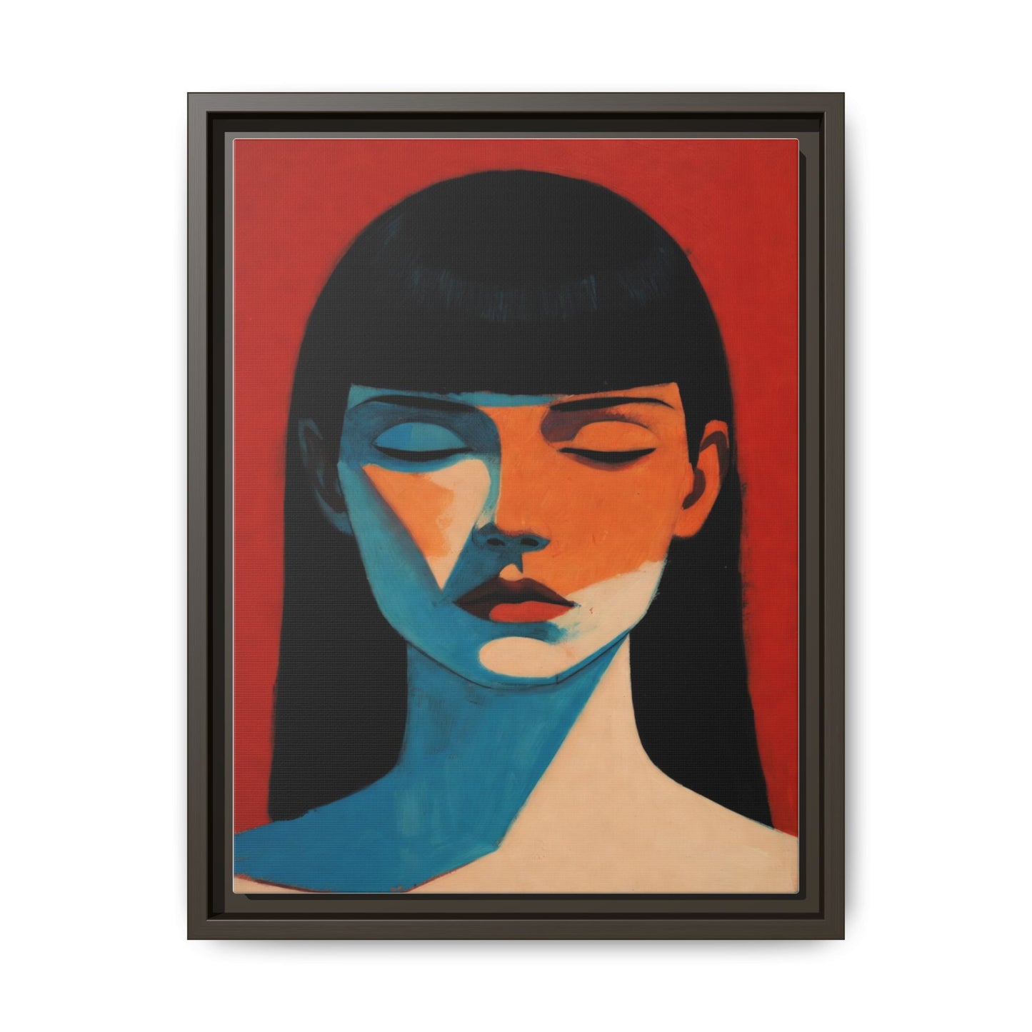Framed Matte Canvas Art – Minimalist Portrait in Red & Teal