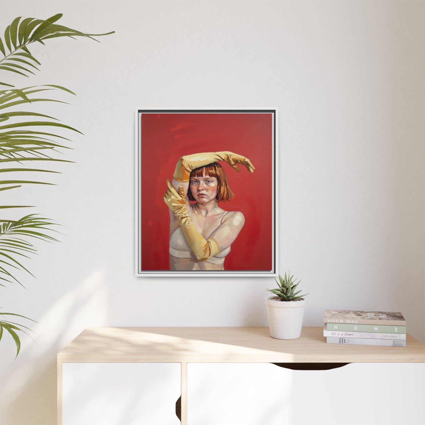 Framed Matte Canvas Art - Portrait of Woman in Yellow Gloves (Red Background)
