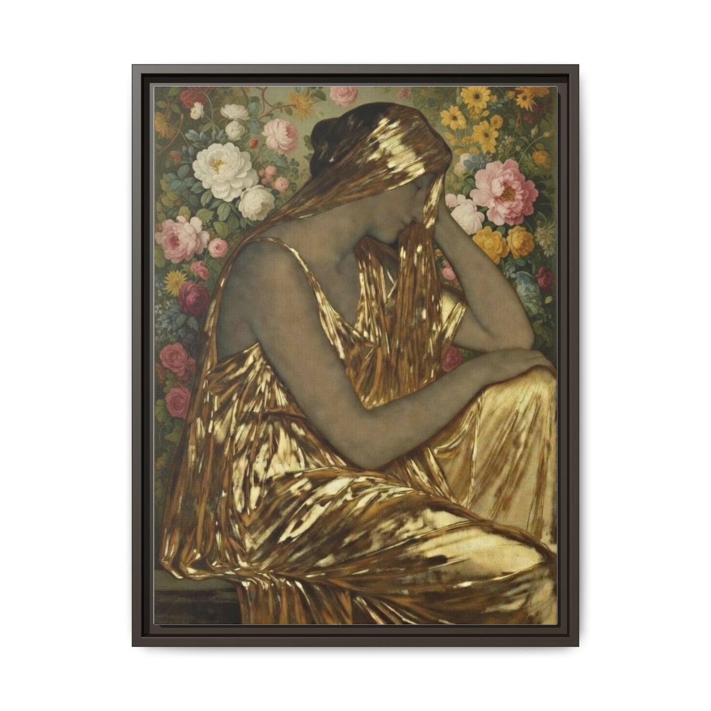 Framed Canvas Art Print — Golden Muse Woman with Floral Background