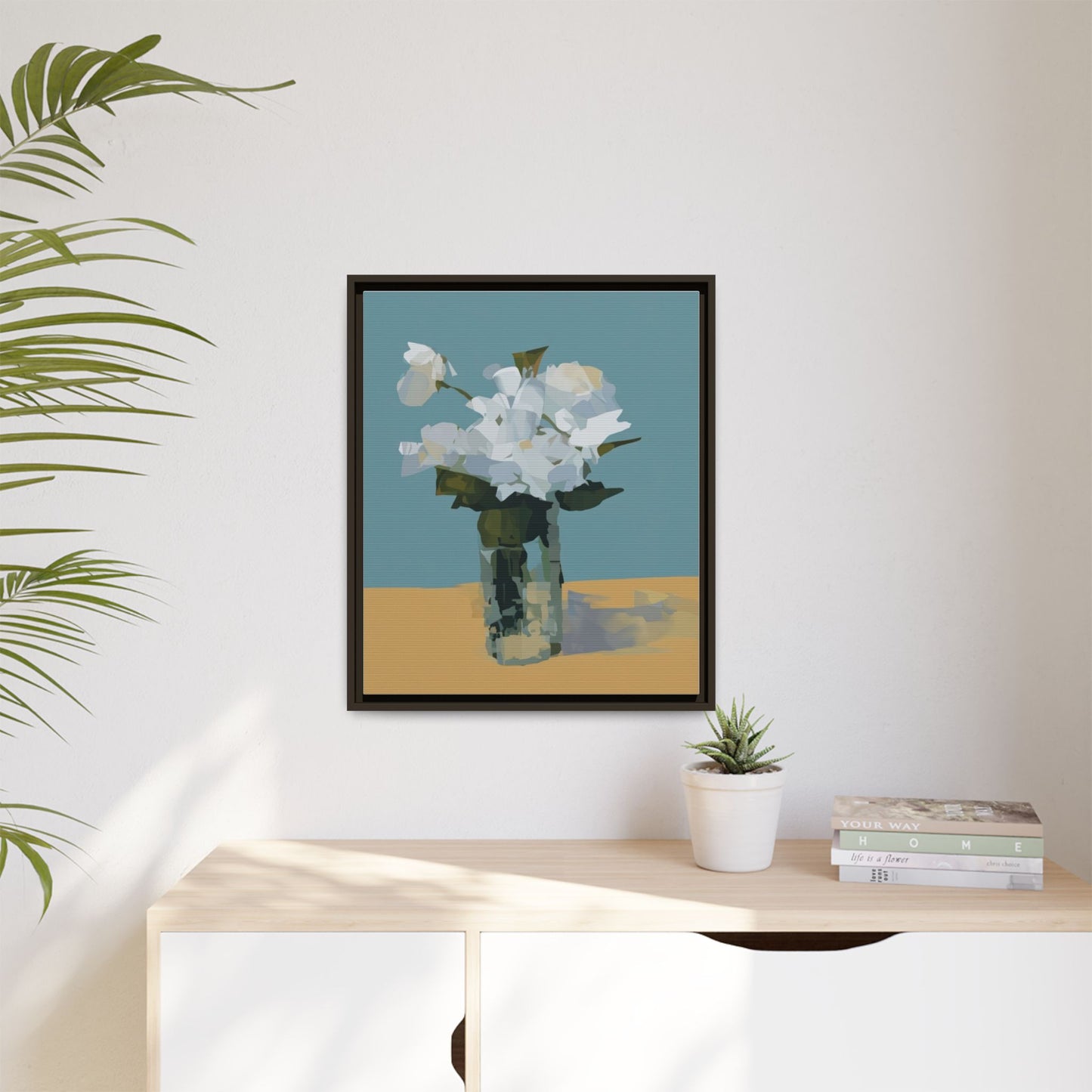 Framed Floral Still Life Canvas Art — Modern White Bouquet Wall Art