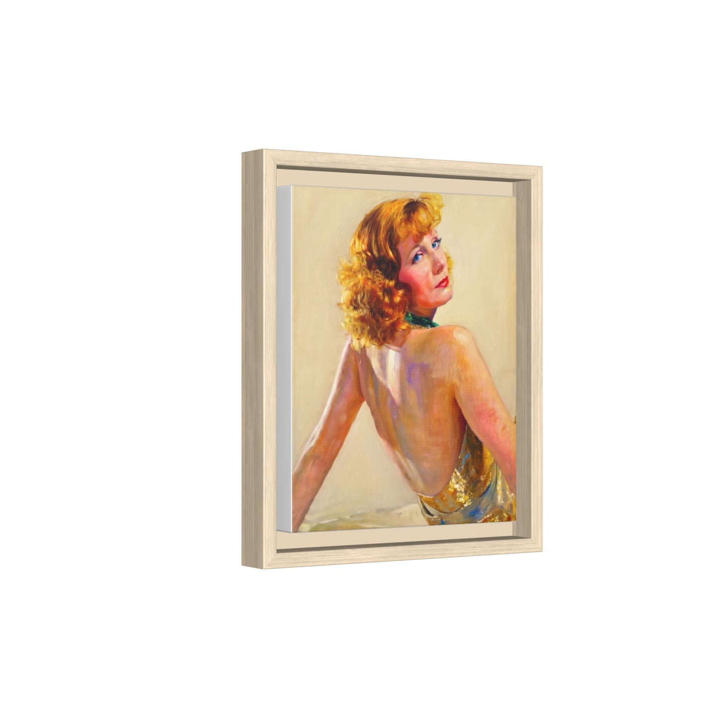 Framed Matte Canvas Print — Vintage Portrait of Redhead Greta Garbo in Gold Dress