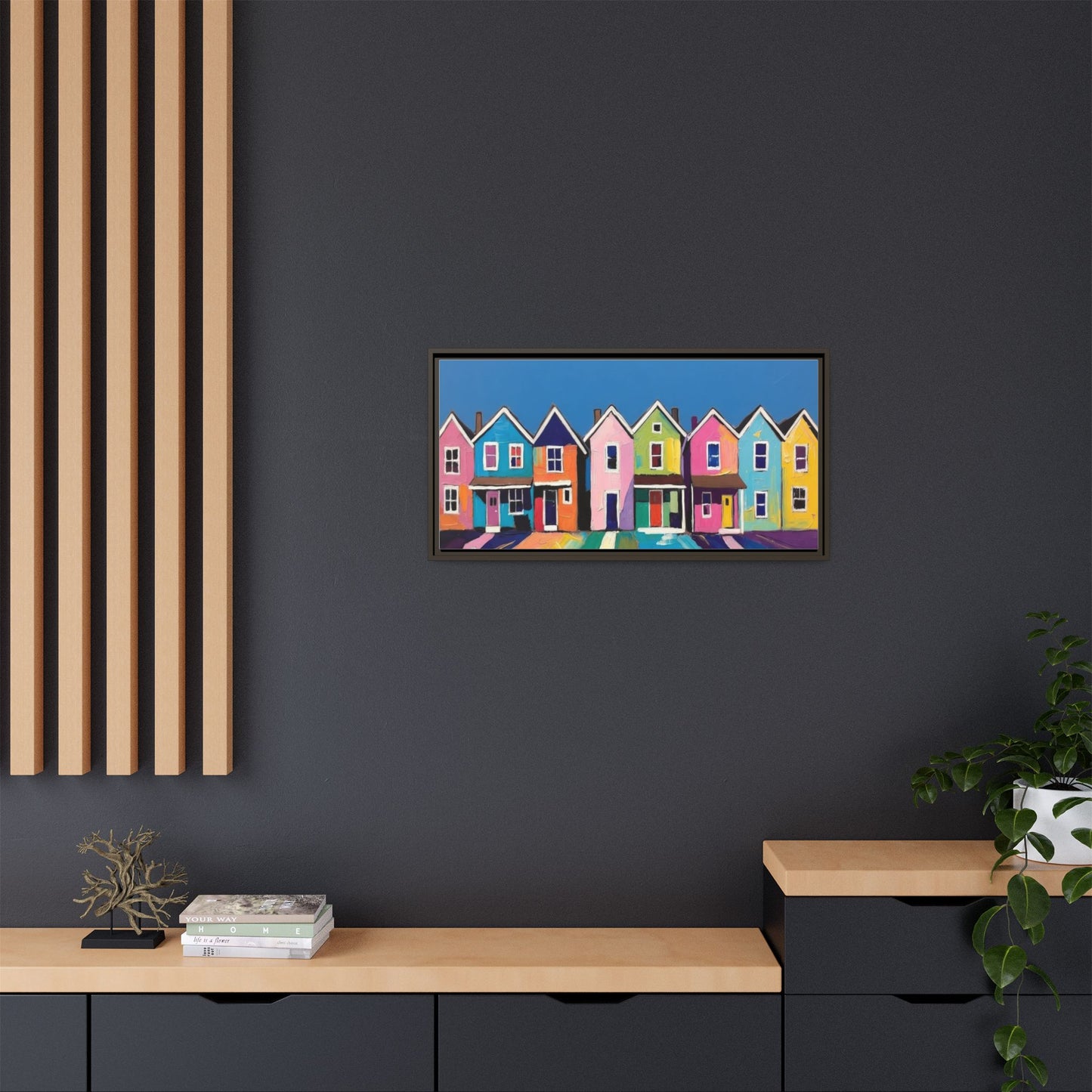 Colorful Beach Houses Matte Canvas Framed Wall Art