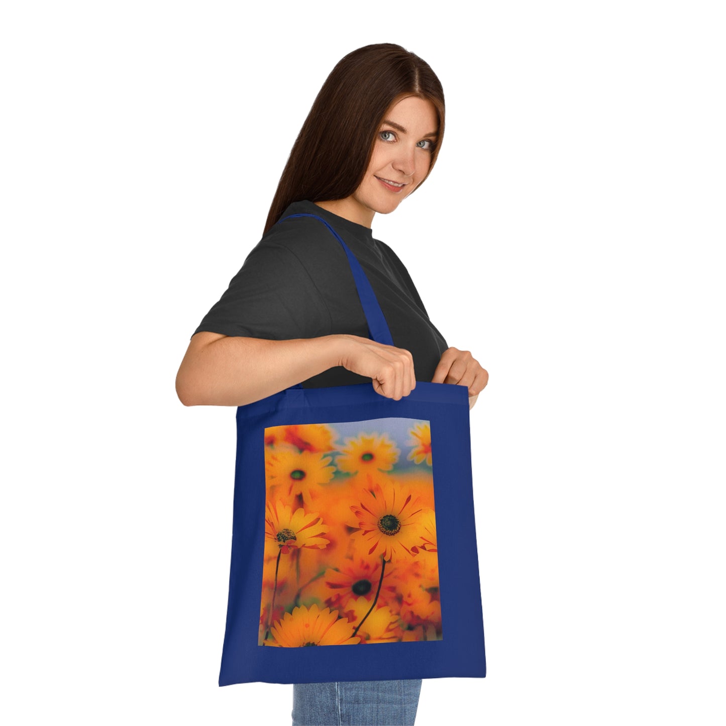 Floral Sunburst Cotton Tote — Bright Orange Daisy Print