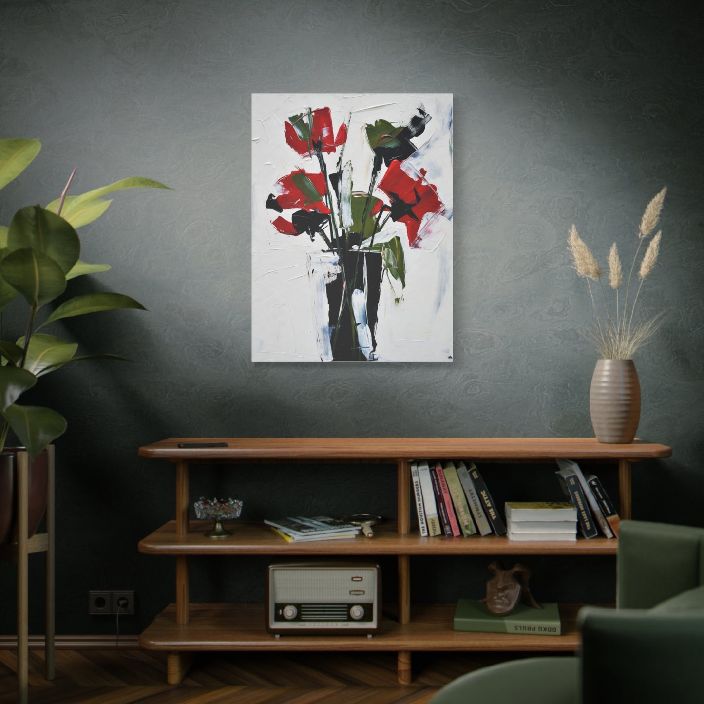 Red Floral Abstract Canvas Print — Modern Painterly Flowers on Matte Stretched Canvas