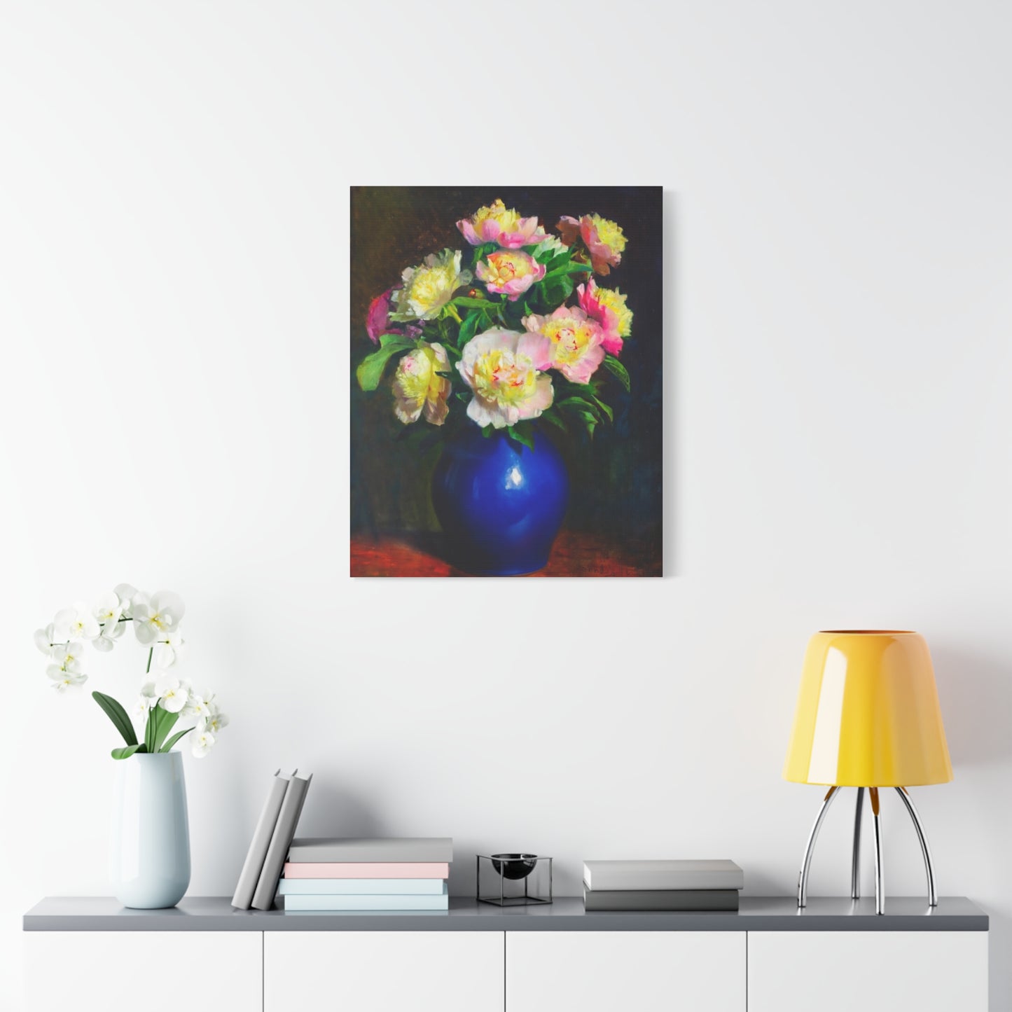 Peony Bouquet Canvas Print — Pink Peonies in Blue Vase, Stretched Matte Wall Art