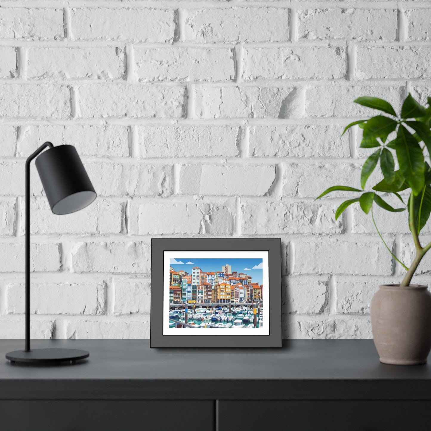 Harbor Marina Framed Poster — Colorful Coastal Cityscape Wall Art