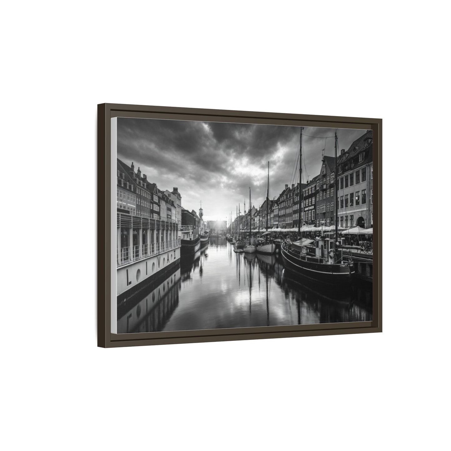Framed Matte Canvas: Black & White Dutch Canal Photography Wall Art