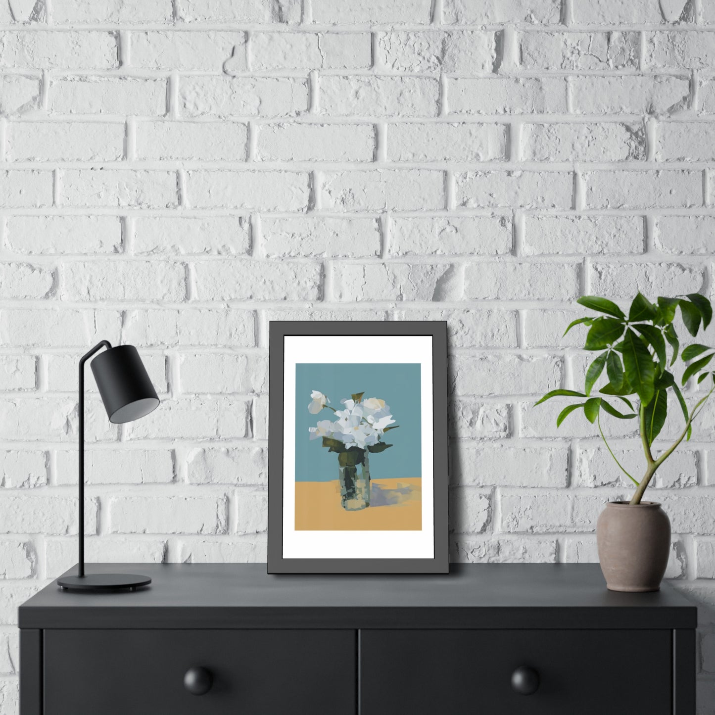 Framed Floral Poster - Modern White Blossoms in Vase Wall Art
