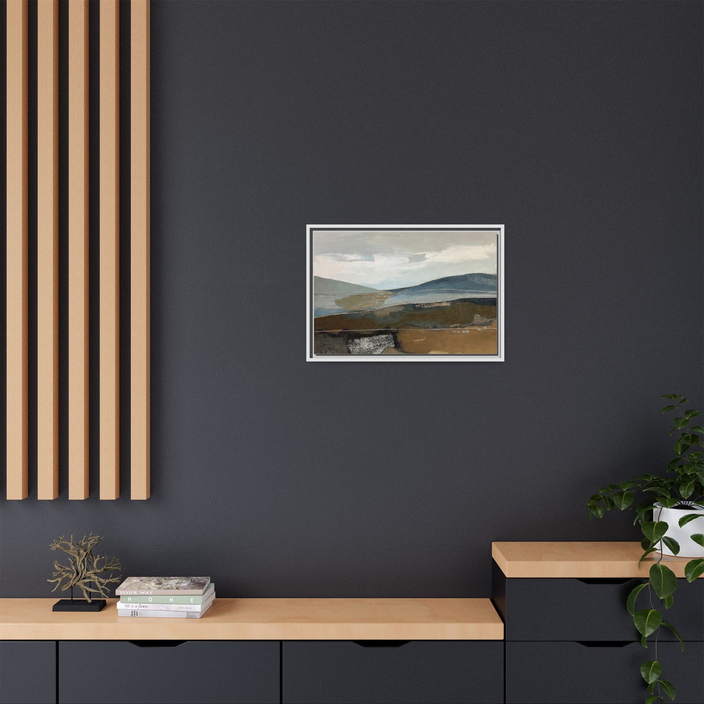 Framed Matte Canvas Landscape Art - Serene Abstract Hills in Blue & Earth Tones
