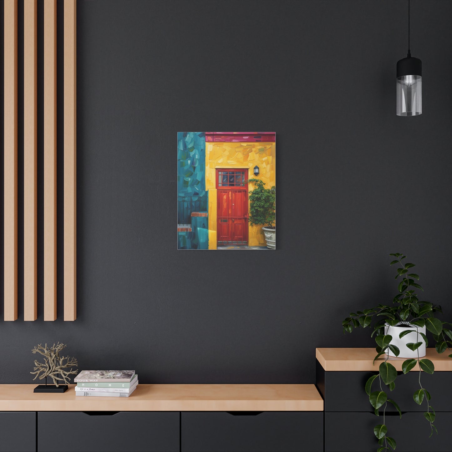 Colorful Doorway Canvas Wall Art — Vibrant Yellow & Teal Street Scene, Matte Stretched Print