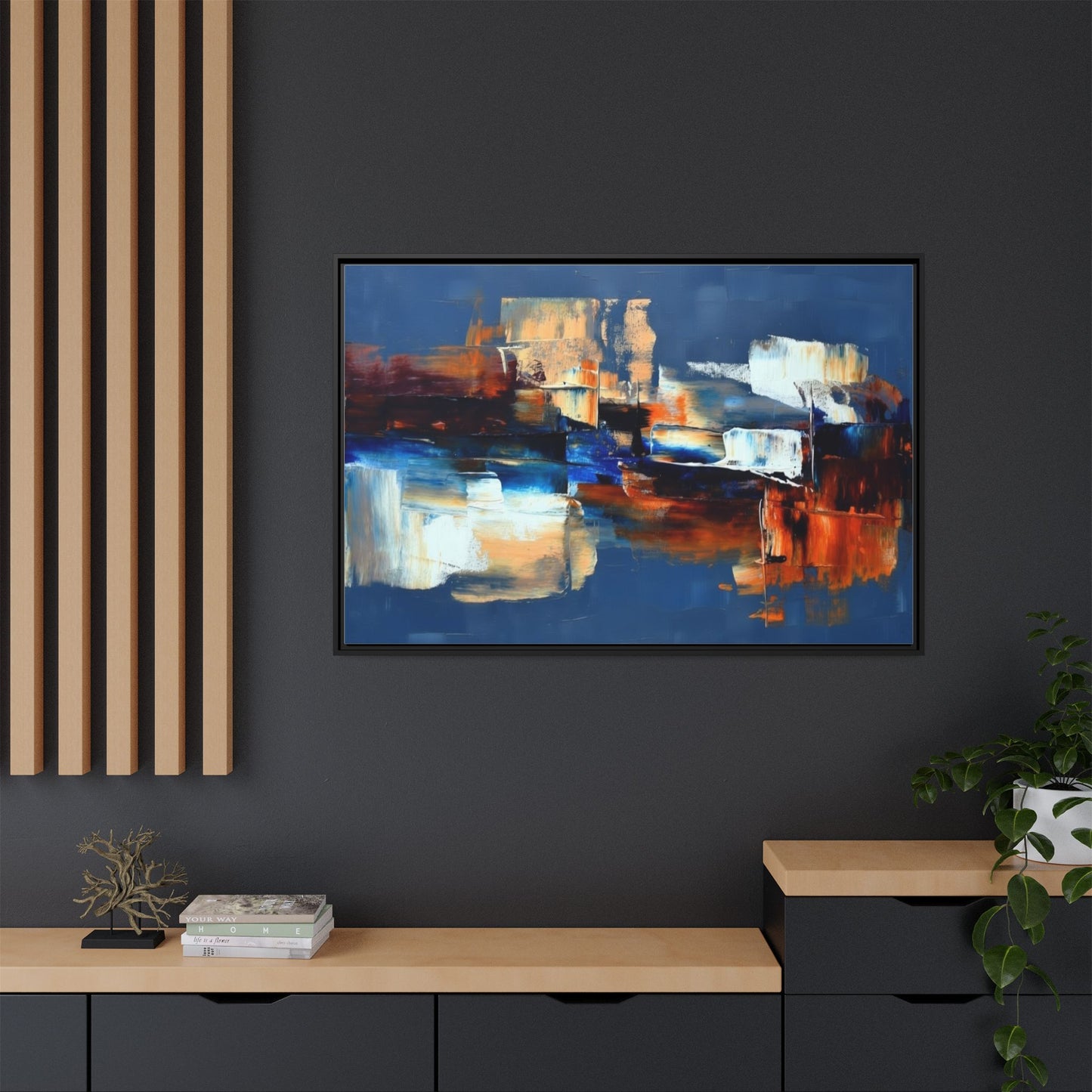 Abstract Blue & Rust Framed Canvas Art — Modern Matte Wall Painting