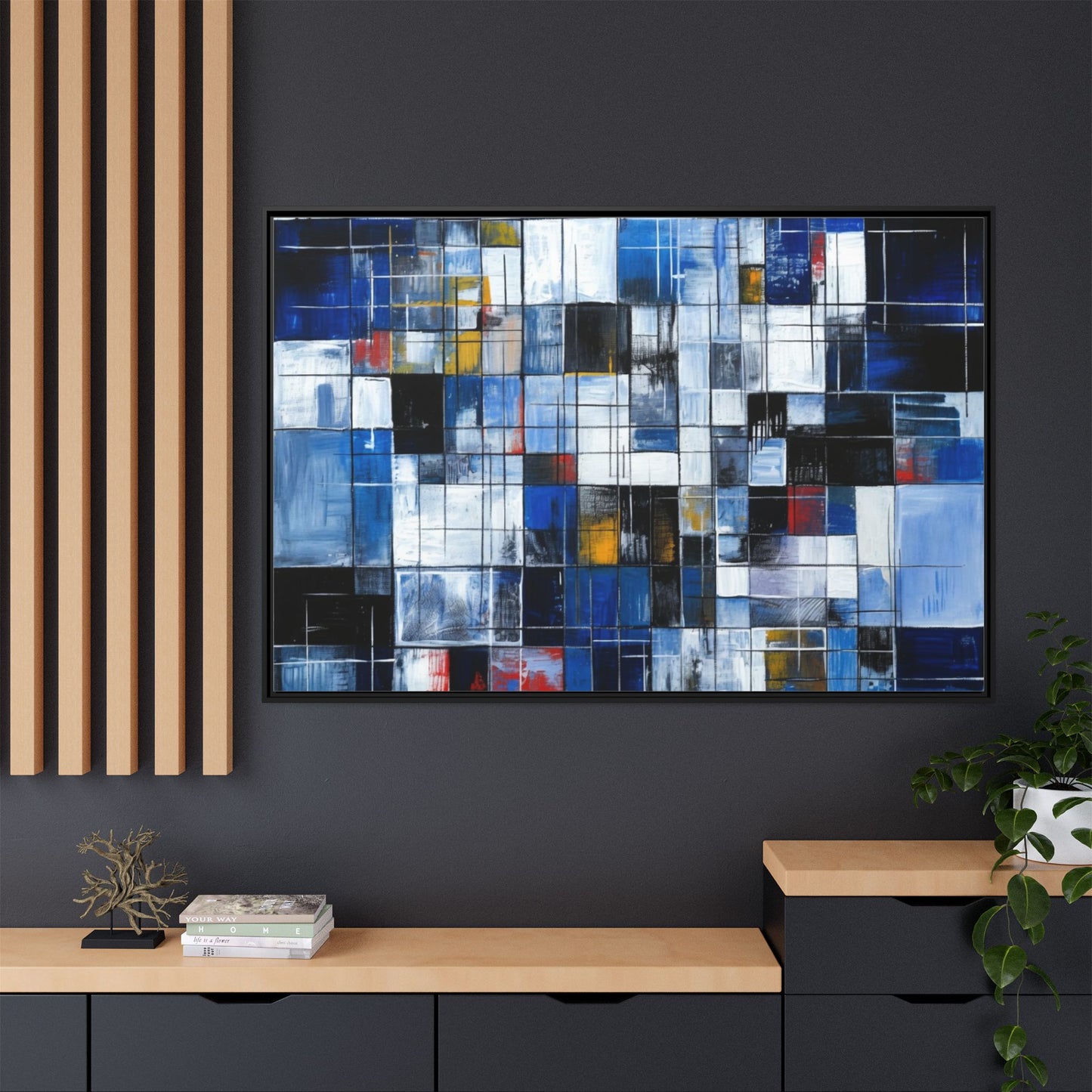 Abstract Blue Grid Matte Canvas Framed Art Print