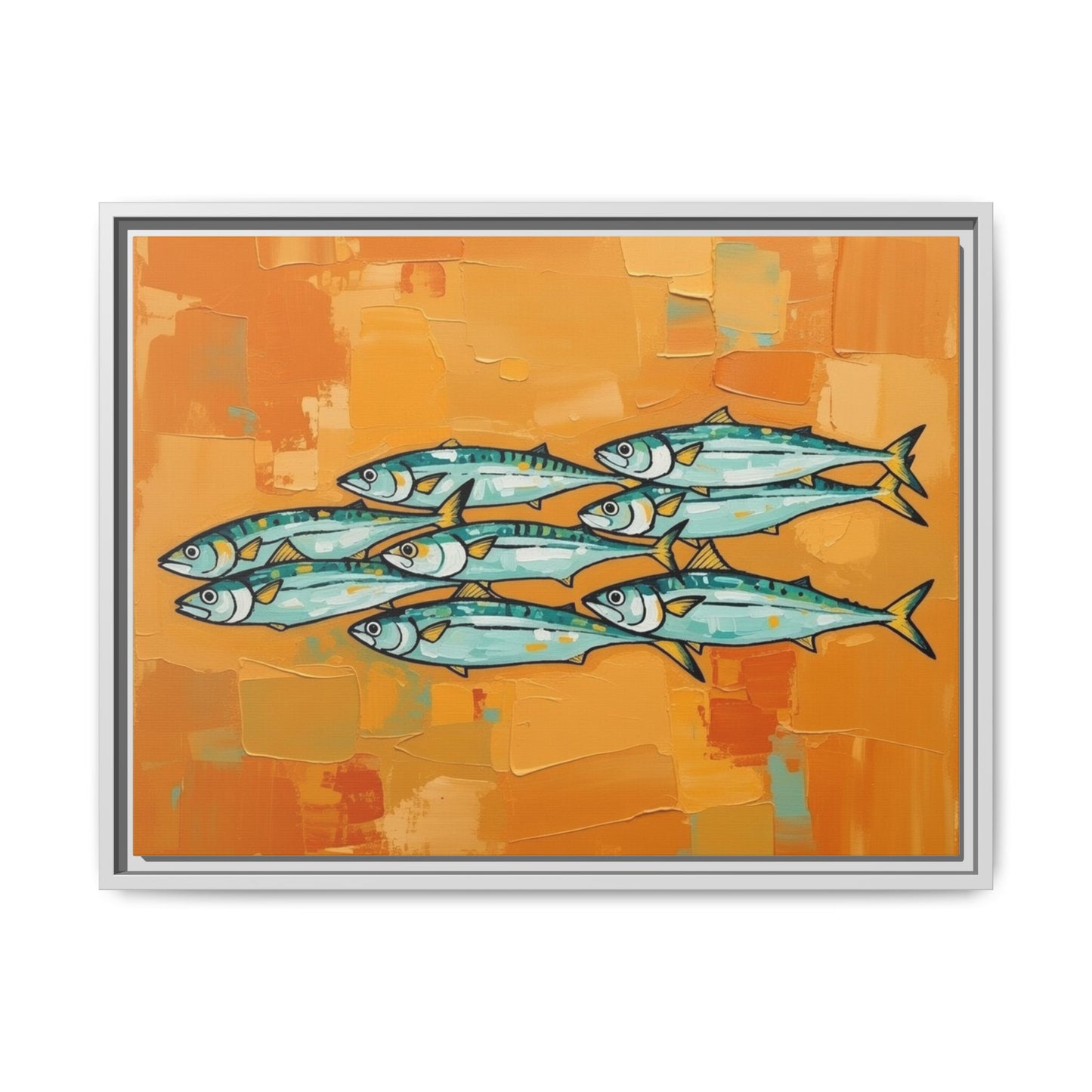 Framed Matte Canvas Print — School of Blue Fish on Orange Abstract Background