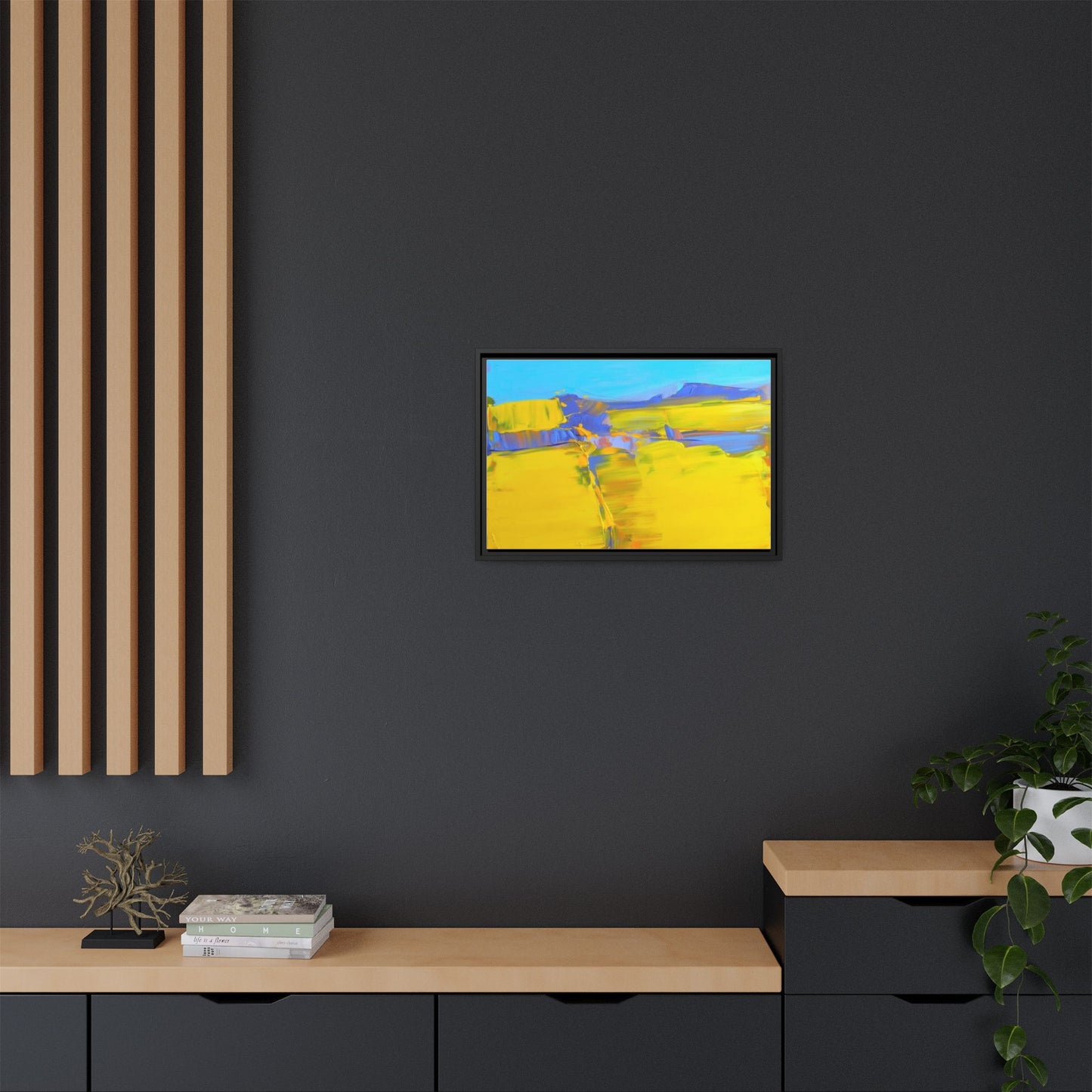 Framed Matte Canvas  Vibrant Yellow Blue Abstract Landscape Art