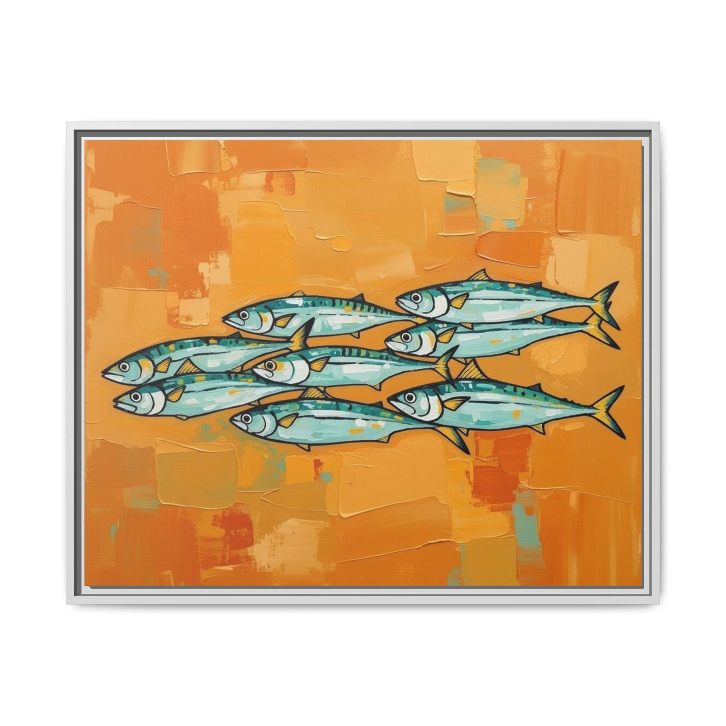 Framed Matte Canvas Print — School of Blue Fish on Orange Abstract Background