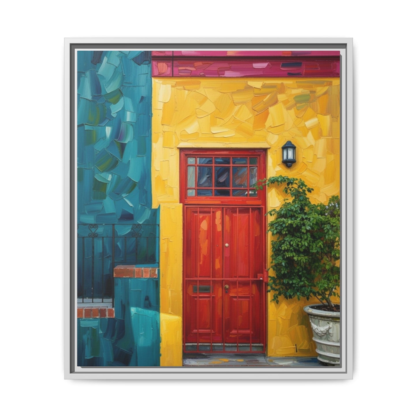 Framed Matte Canvas Wall Art — Colorful Red Door on Yellow Facade