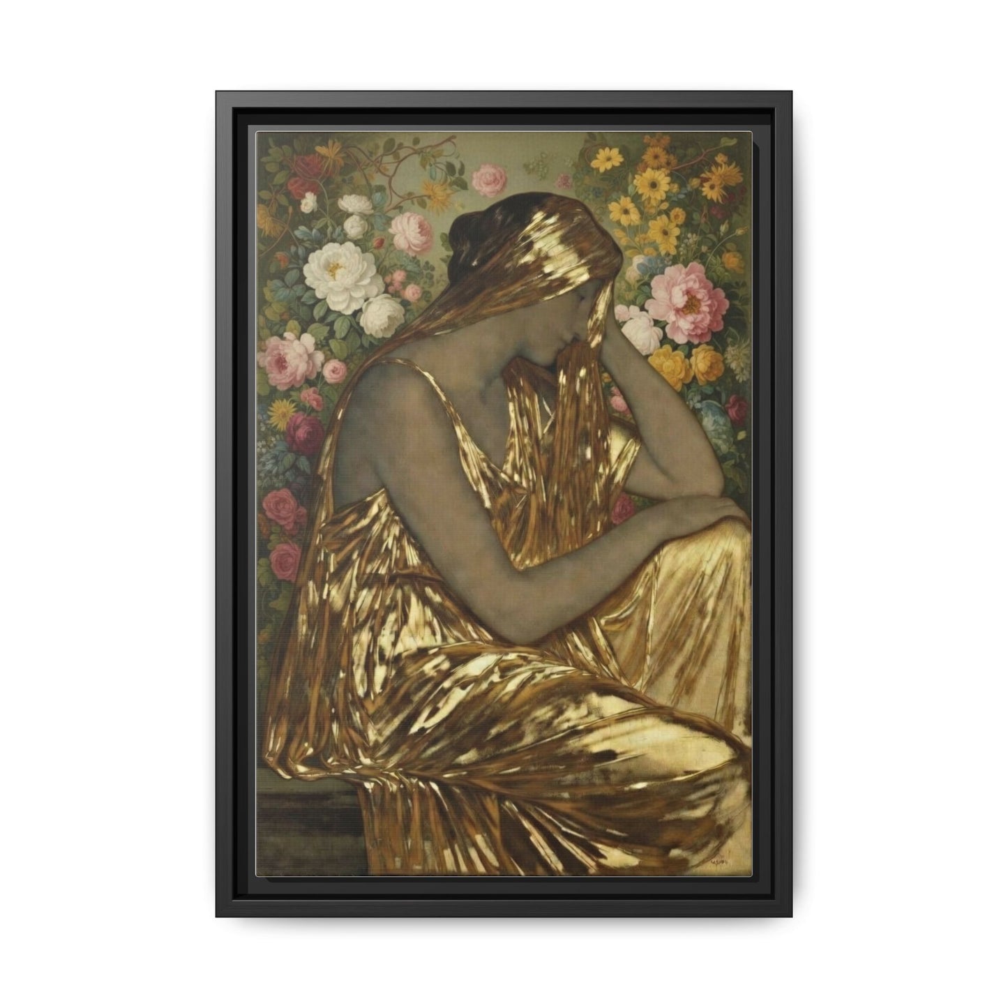 Framed Canvas Art Print — Golden Muse Woman with Floral Background