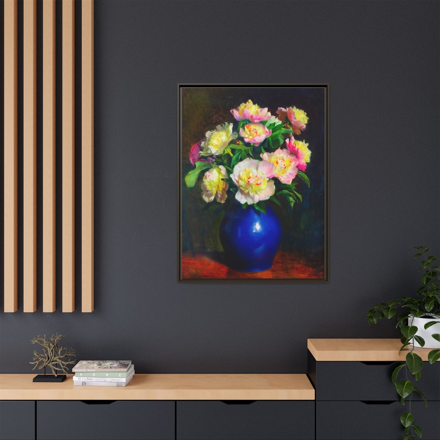 Framed Matte Canvas Wall Art — Vintage Floral Bouquet in Blue Vase