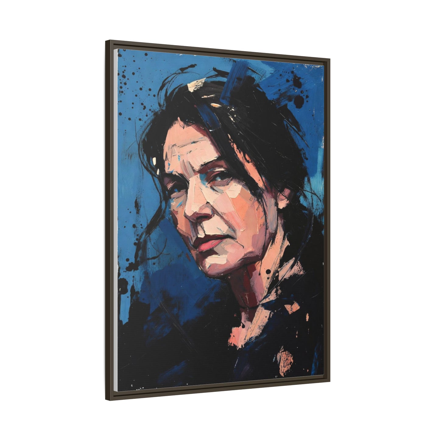 Framed Matte Canvas Portrait — Expressive Blue Painterly Woman Art