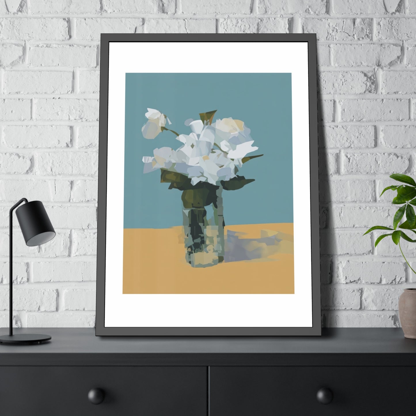 Framed Floral Poster - Modern White Blossoms in Vase Wall Art