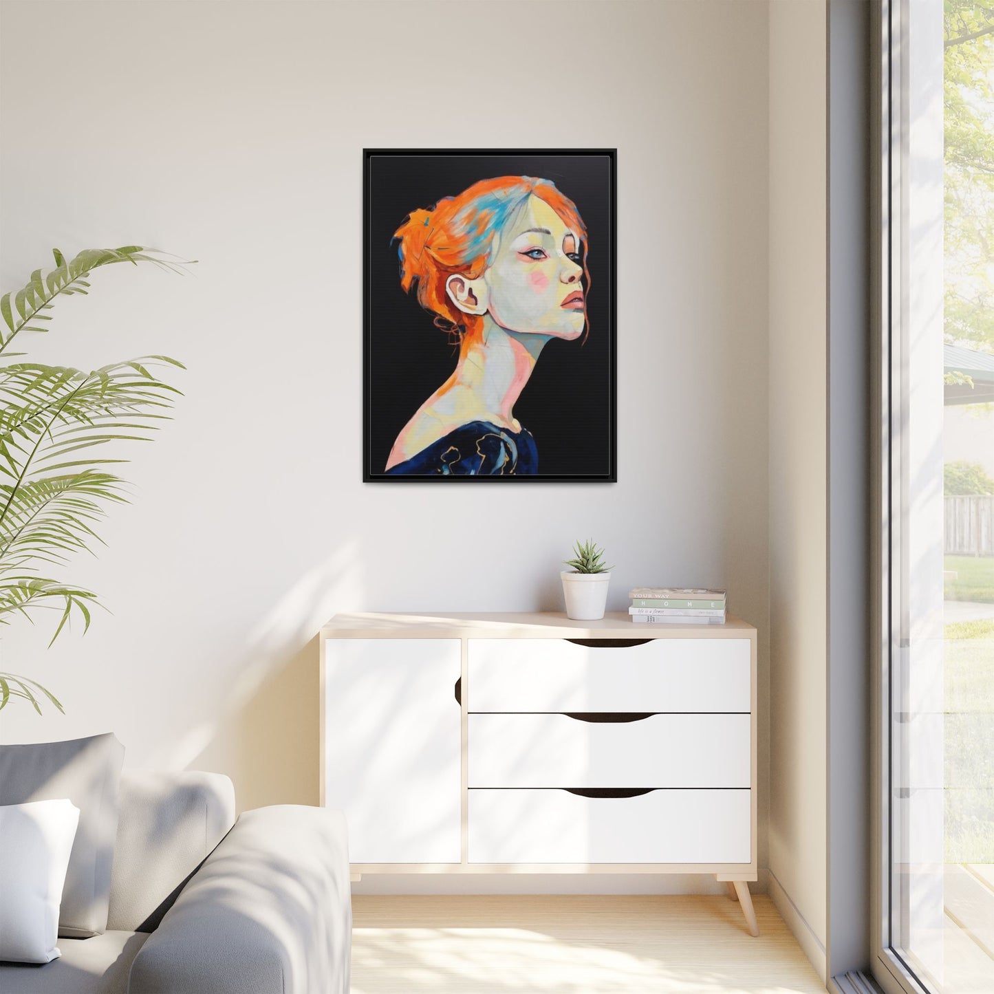 Framed Matte Canvas Portrait — Vibrant Multi‑Color Woman Wall Art