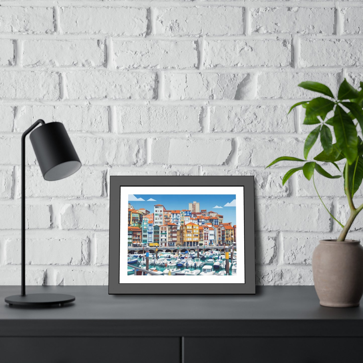 Harbor Marina Framed Poster — Colorful Coastal Cityscape Wall Art