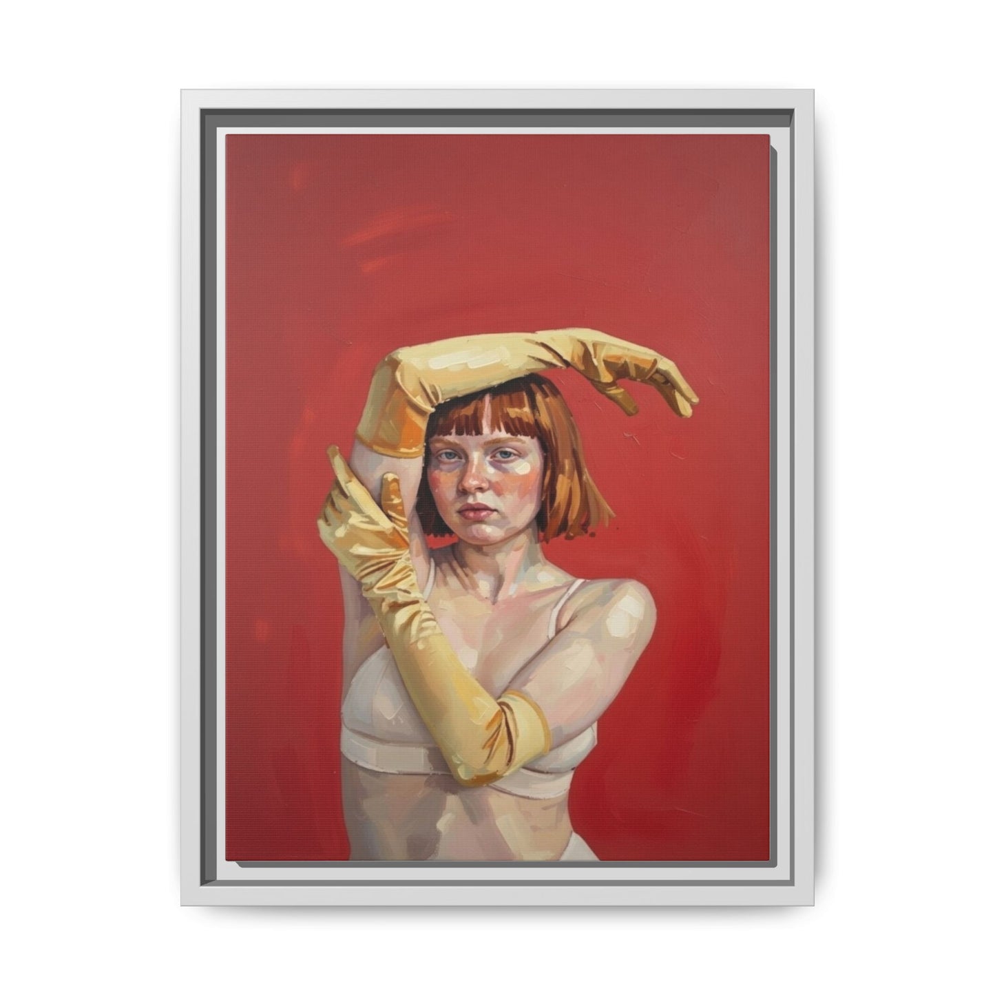 Framed Matte Canvas Art - Portrait of Woman in Yellow Gloves (Red Background)