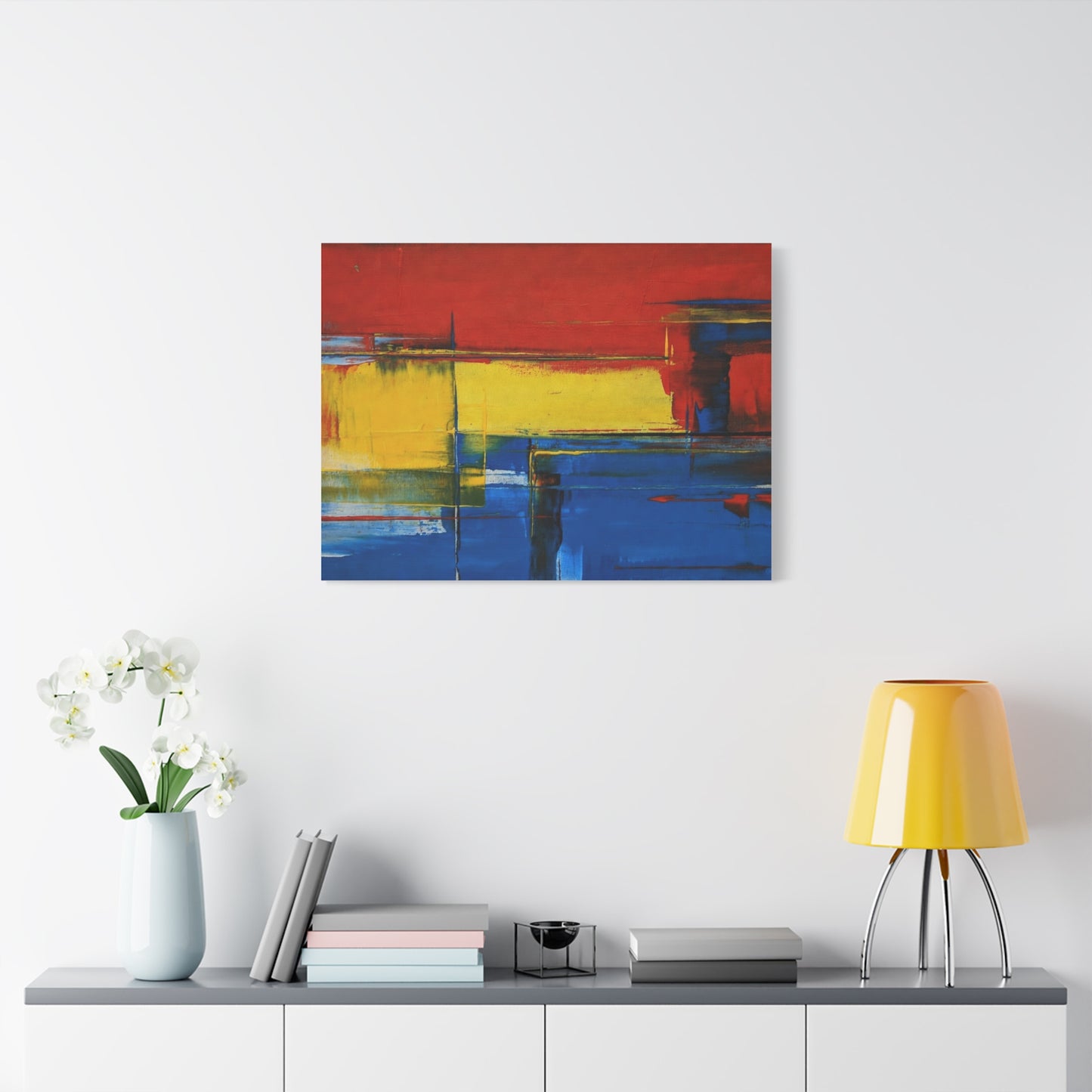 Abstract Color Block Matte Canvas Wall Art — Red, Yellow & Blue Stretched Canvas
