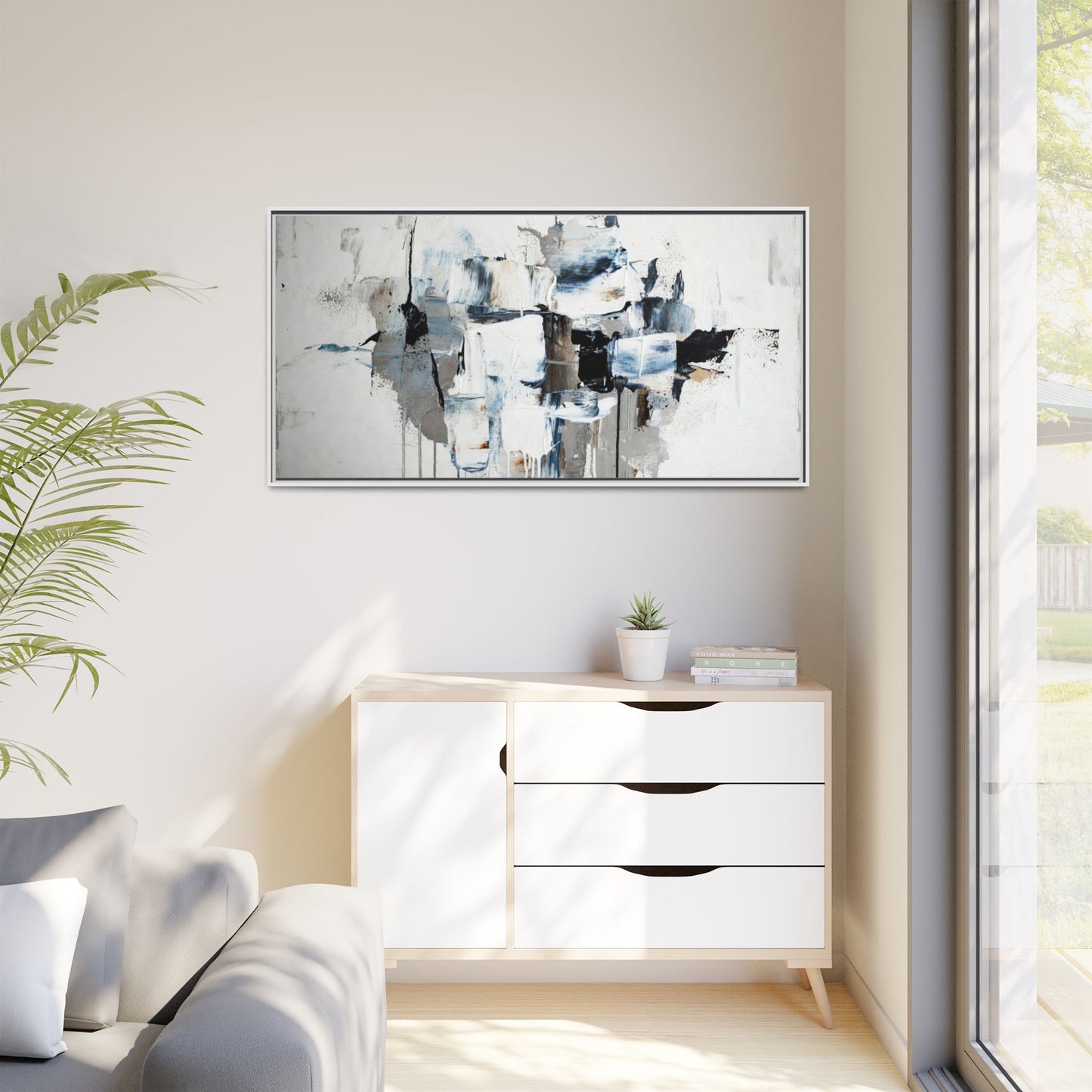 Framed Abstract Canvas Art — Blue Neutral Modern Wall Print