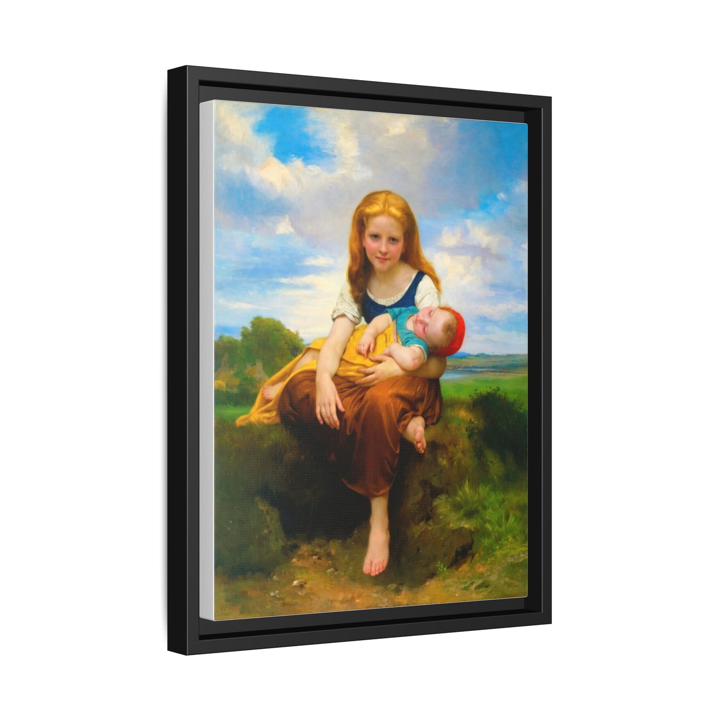 Young Girl Holding Sleeping Baby Canvas Print, Framed Wall Art