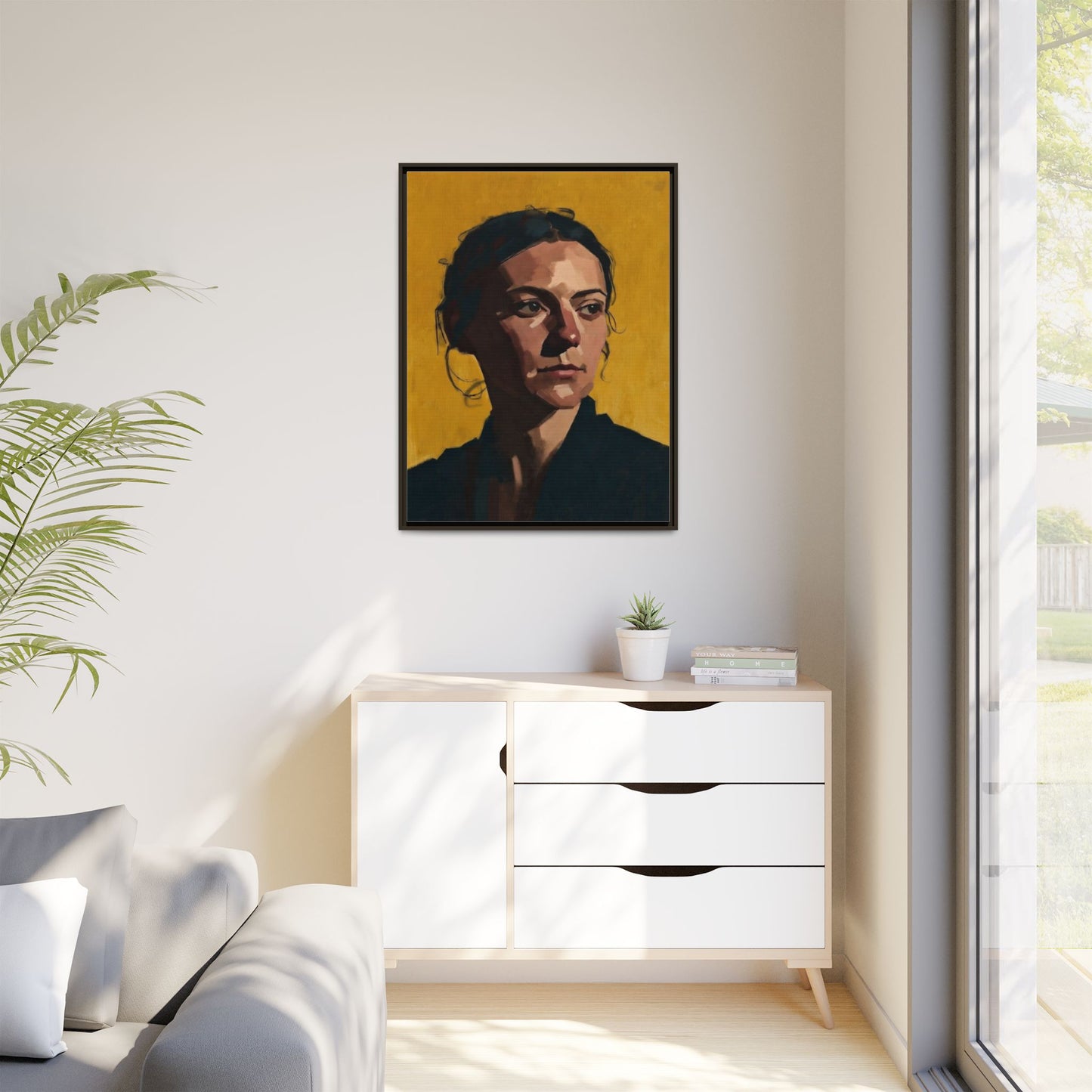 Framed Matte Canvas Portrait Art — Moody Woman on Mustard Background