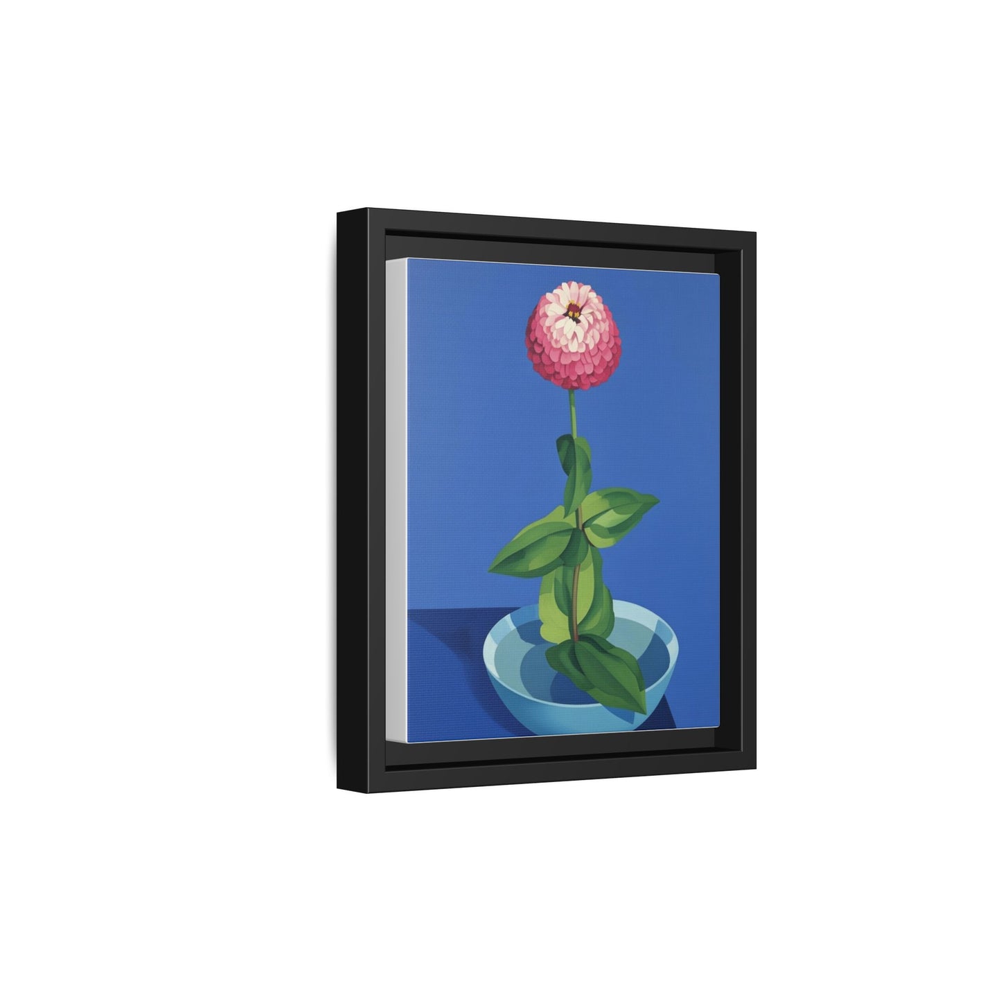 Framed Matte Canvas Art — Pink Zinnia in Blue Bowl (Botanical Still Life)